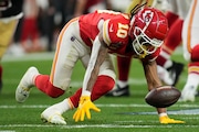 Kansas City Chiefs running back Isiah Pacheco (10) chases a loose ball against the San Francisco 49ers during the second half of the NFL Super Bowl 58 football game Sunday, Feb. 11, 2024, in Las Vegas.