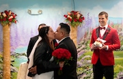 IMAGE DISTRIBUTED FOR OLD SPICE - I now pronounce you MANning & WIFE! Former New York Giants QB, Eli Manning, teamed up with Old Spice to intercept the wedding of football fans Omar & Lauren Mejia at the iconic Little White Wedding Chapel in Las Vegas during Super Bowl week. "A wedding is like winning the championship, and I wanted to do my part to ensure Omar stays 24/7 fresh from pits to toes on his wedding night with new Old Spice Total Body deodorant," said Manning on Thursday, Feb. 8, 2024 in Las Vegas. (Doug Benc/AP Images for Old Spice) AP