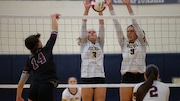 Natasha Kreher (3) and Abbey Bivona (9) of Delaware Valley go up for a block against Kendra Santos (14) of Verona during the NJSIAA Group 1 Final, at Franklin High School, in Somerset, NJ on Sunday, November 12, 2023.