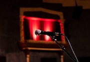 A microphone on the stage before a recent Live Wire show at Alberta Rose Theatre, February 15, 2024.