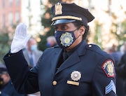 Sgt. Marjorie E. Jordan is promoted to lieutenant during an outdoor ceremony at City Hall for 20 captains, 20 lieutenants and 35 sergeants in the Jersey City Police Department on Tuesday, Nov. 24, 2020. (Reena Rose Sibayan | The Jersey Journal)