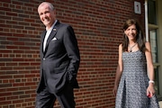 New Jersey Gov. Phil Murphy and his wife Tammy Murphy leave a polling place after voting in Red Bank, N.J., Tuesday, June 8, 2021. New Jersey voters will decide Tuesday who their candidates will be in the fall election for governor and in every seat in the Democrat-led state Legislature. There's little suspense for Democrats, though, with Murphy facing no opponent on the ballot. Four Republicans are vying to take him on in November. (AP Photo/Seth Wenig)
