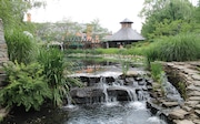 The waterfall next to the restaurant at New Jersey Grounds for Sculpture.