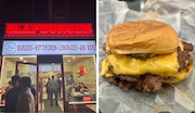 Left, the storefront for Slap Burgers in Paterson. Right, a double cheeseburger from Slap Burgers.