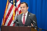 Attorney General Matthew J. Platkin speaks during a press conference held with the Office of Public Integrity and Accountability (OPIA) in Newark on Monday, November 20, 2023. Attorney General Platkin speaks on significant law enforcement action within the Clark Police Department.