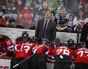 New Jersey Devils interim head coach Travis Green behind the bench during the third period, Tuesday, March 5, 2024, in Newark, N.J. The Panthers won, 5-3.
