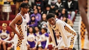 Semaj Bethea (2) and Billy Richmond (24) of Camden take a moment coming out of a timeout before the final 15 seconds of the game during the 2024 NJSIAA Central/South Group 2 semifinal boys basketball game between Camden and Manasquan at Central Regional High School in Bayville, NJ on 3/5/24.