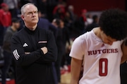 Rutgers head coach Steve Pikiell stands behind his team as the band plays the Rutgers alma mater after the Scarlet Knights lost its final regular-season game to Ohio State, 73-51, Sunday, March 10, 2024, in Piscataway, N.J. 