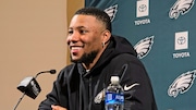 Eagles new running back Saquon Barkley fields questions at his introductory news conference Thursday at the team's practice facility in South Philadelphia.
